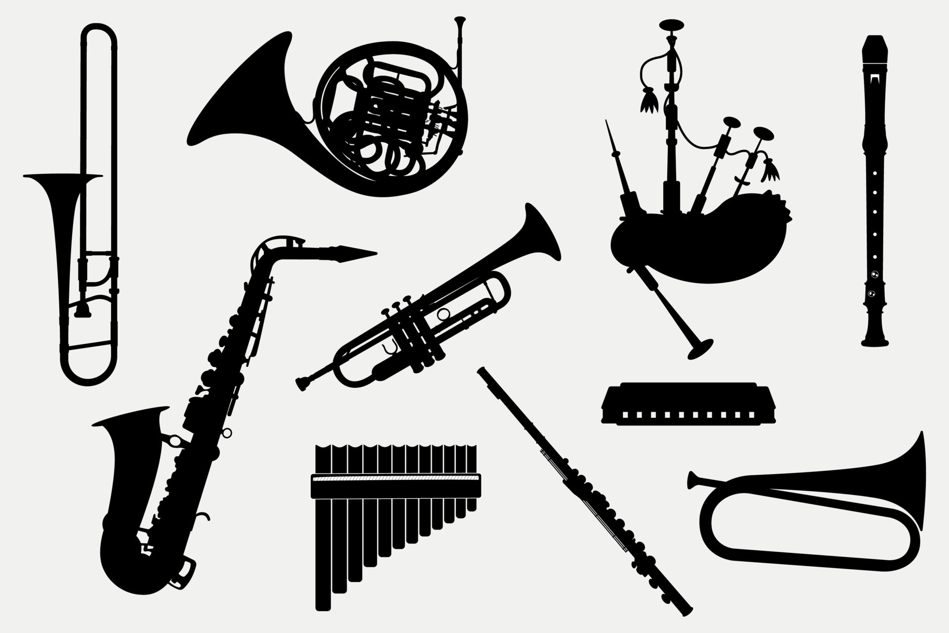 Set Of Wind musical Instruments Silhouettes, Trumpet, Flutes, bagpipes