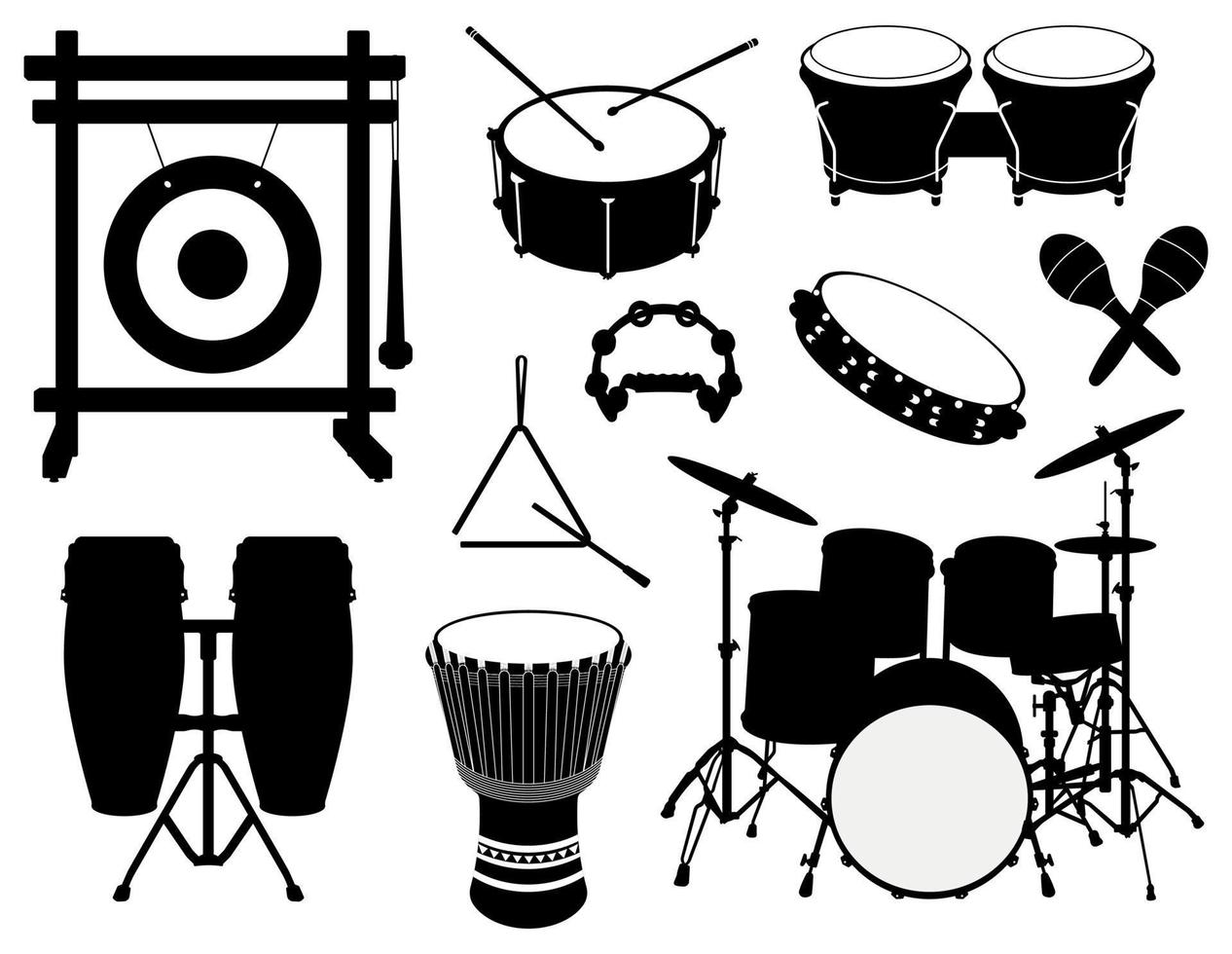 conjunto de siluetas de instrumentos musicales de percusión, tambores, gong, pandereta, ilustraciones triangulares y maracas vector