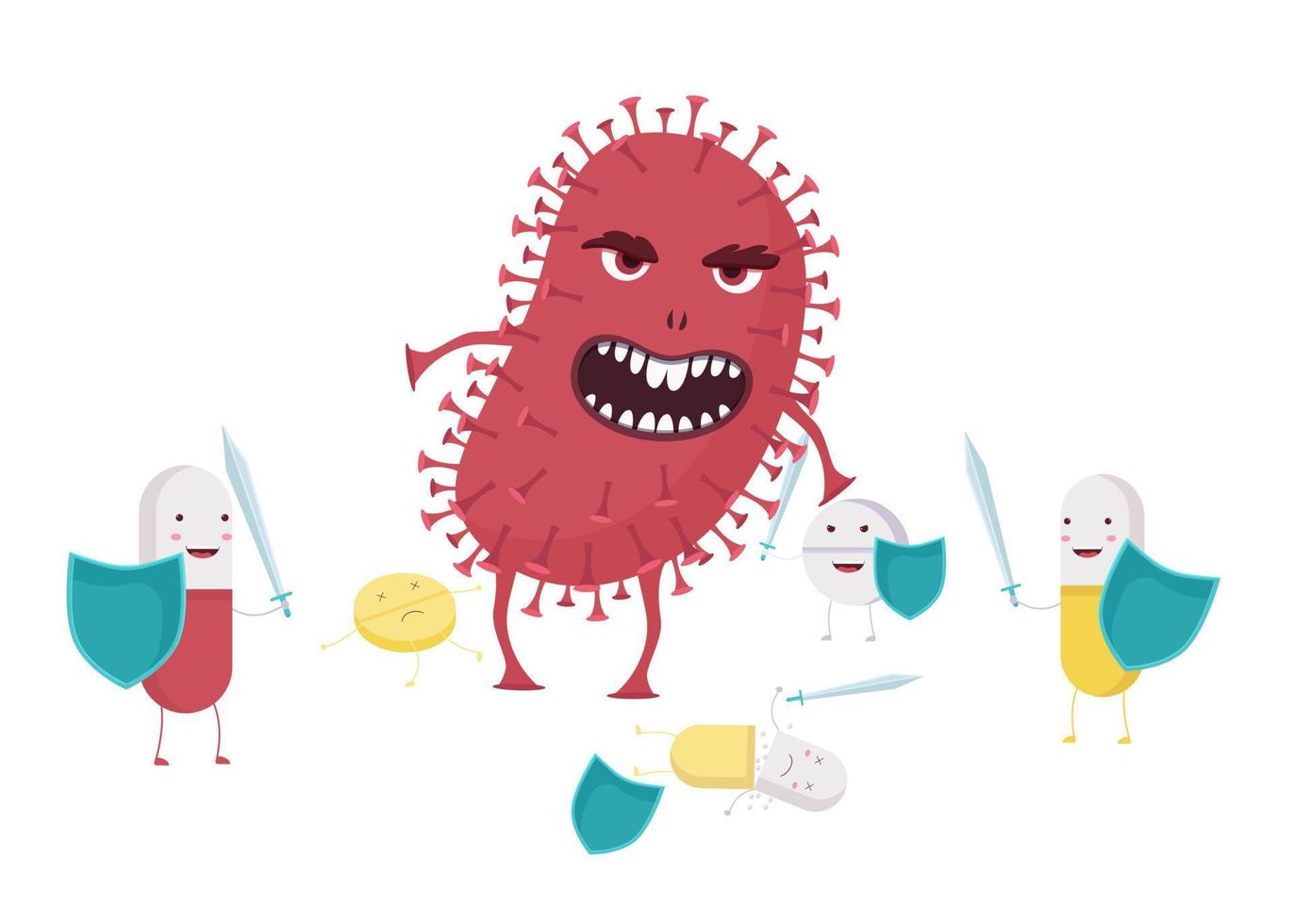 Evil bacterium with antibiotic resistance illustration. Red monster coronavirus destroys pills with shields and swords. vector