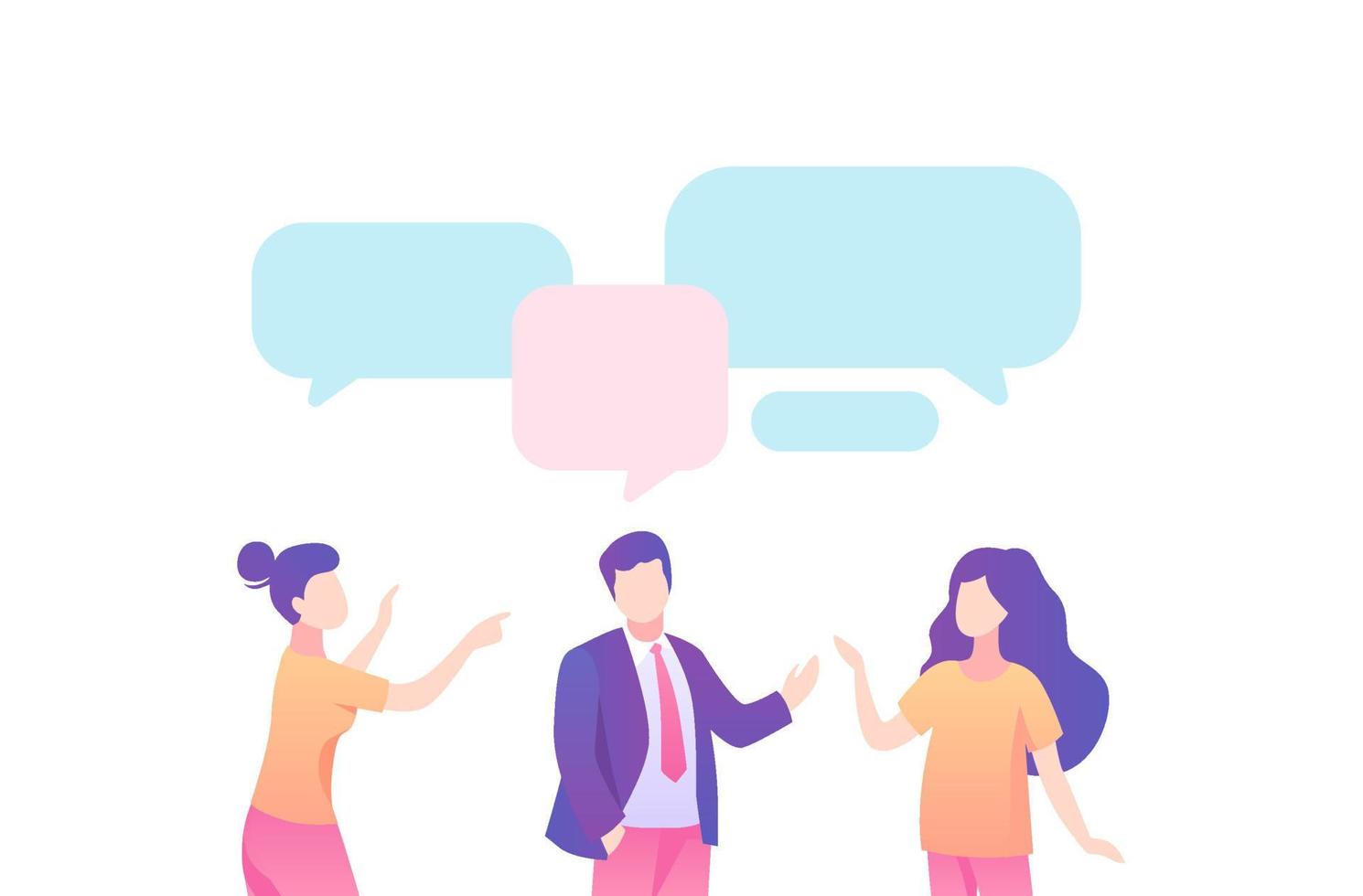 Businessman leads dialogue with family, speech bubble . Businessman discusses with his wife daughter talking about working on vector speech bubble, cartoon color style.
