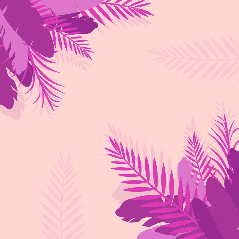 Pink tropical leaves with feathers in corners of banner. Pastel light background with foliage or plants vector illustration.