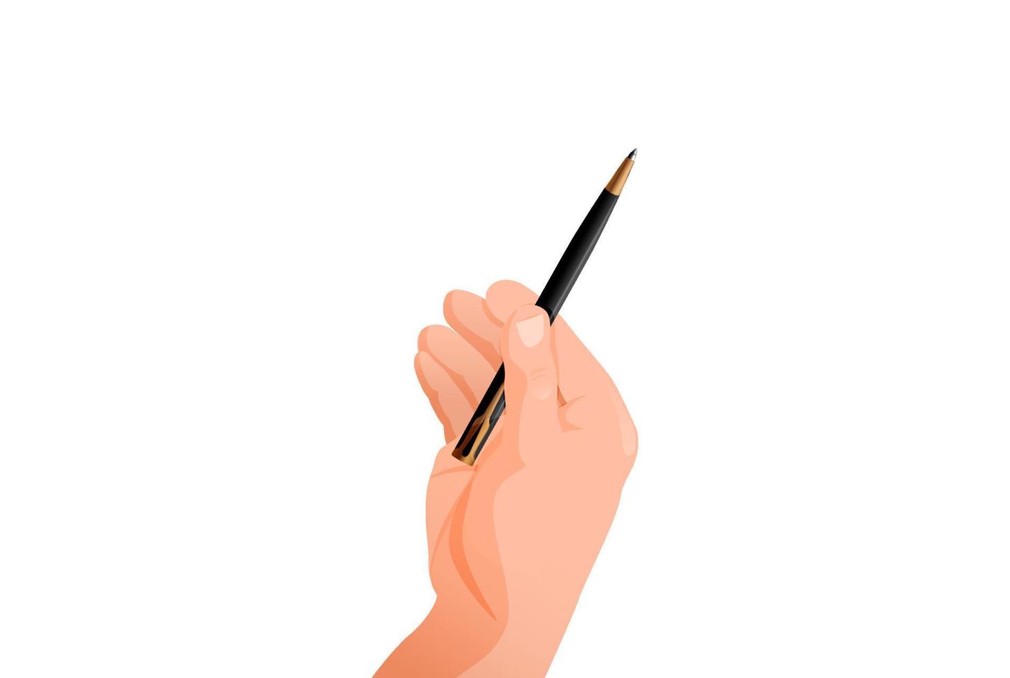 la mano sostiene la pluma. símbolo de firma para un documento importante que escribe artículos y memorias elegante lápiz negro negociaciones comerciales comunicación vectorial. vector