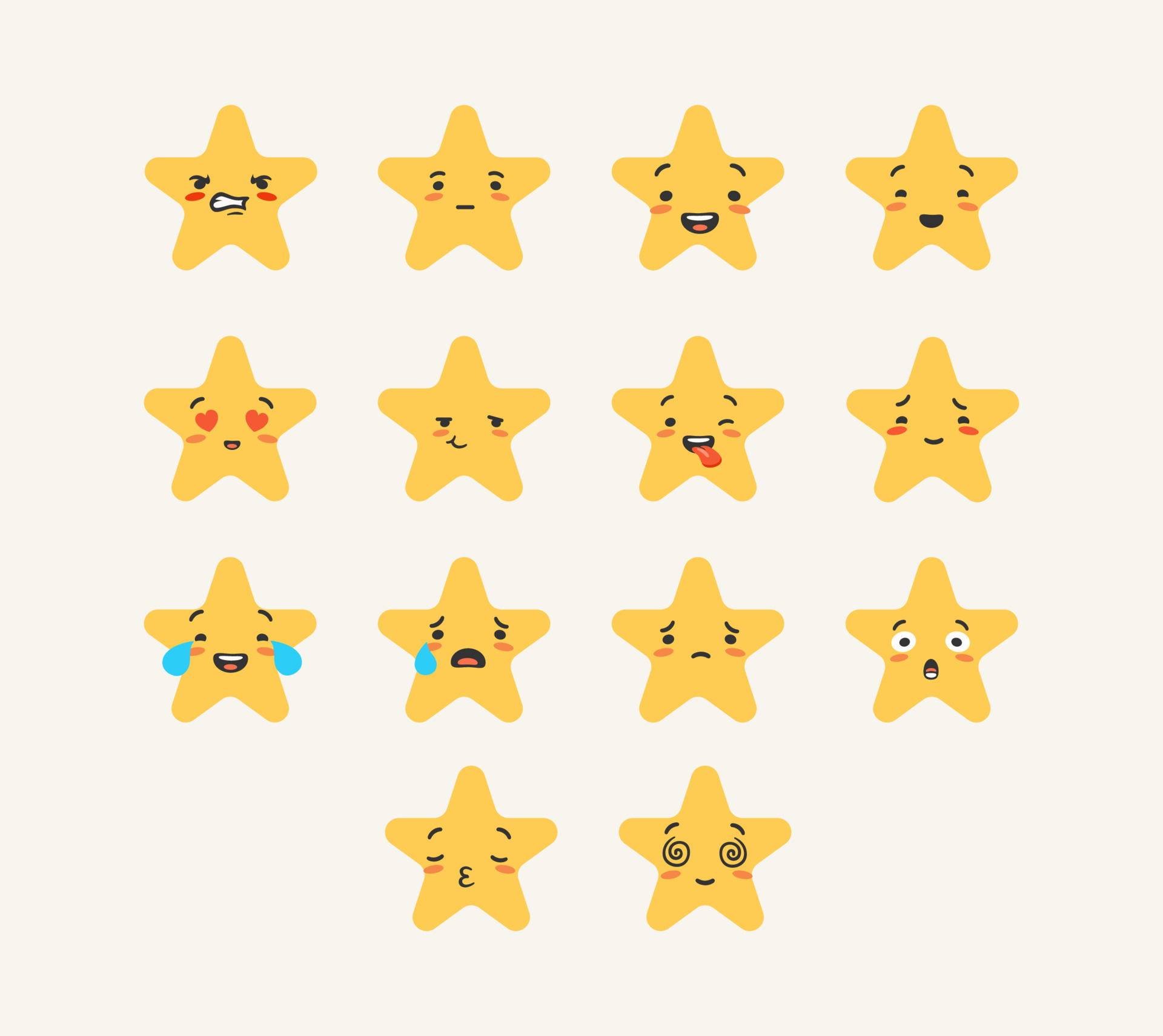 Cartoon star emoji rating. Set emotions of characters stars with joyful