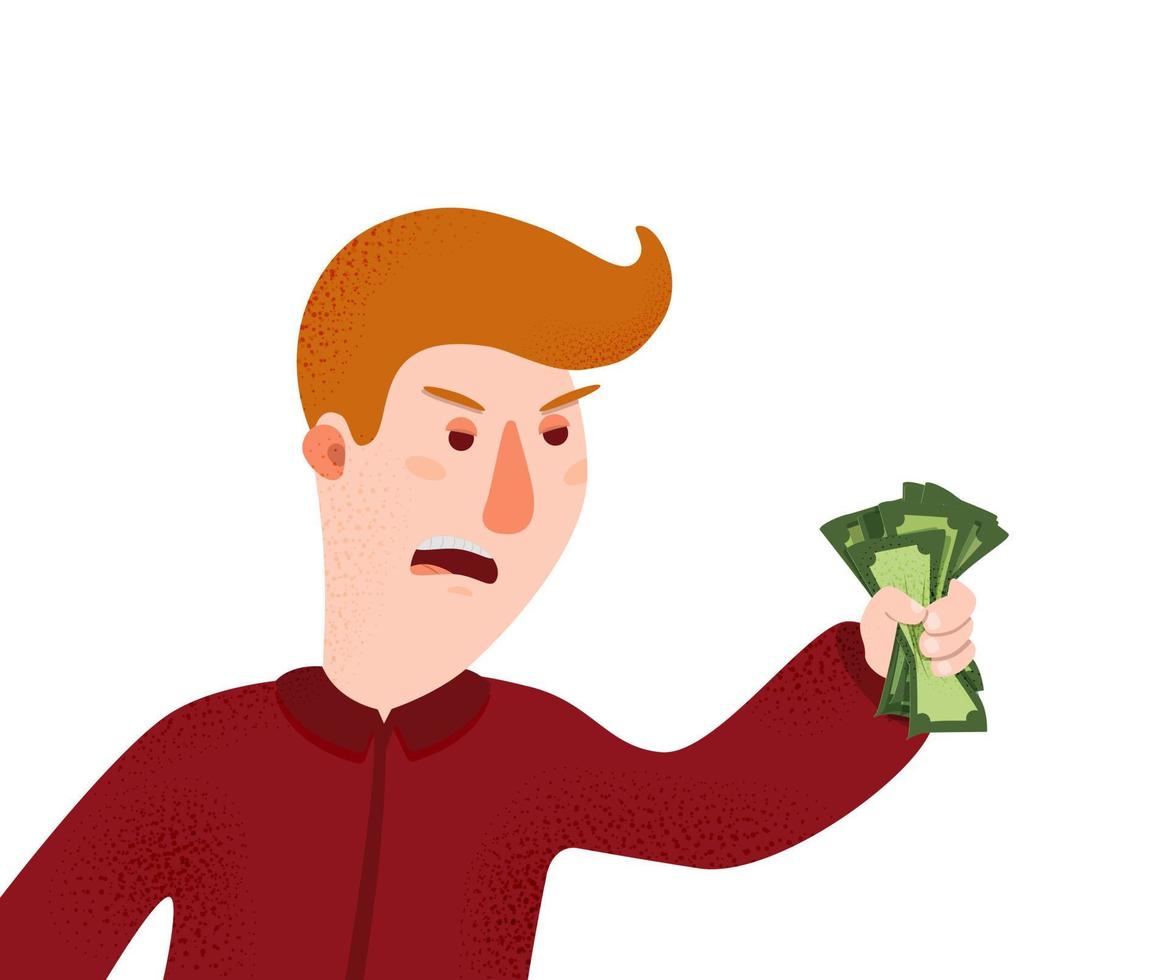Angry redhead guy shouting shut up and take my money vector graphic illustration. Cartoon male holding cash currency money have negative emotion isolated on white background