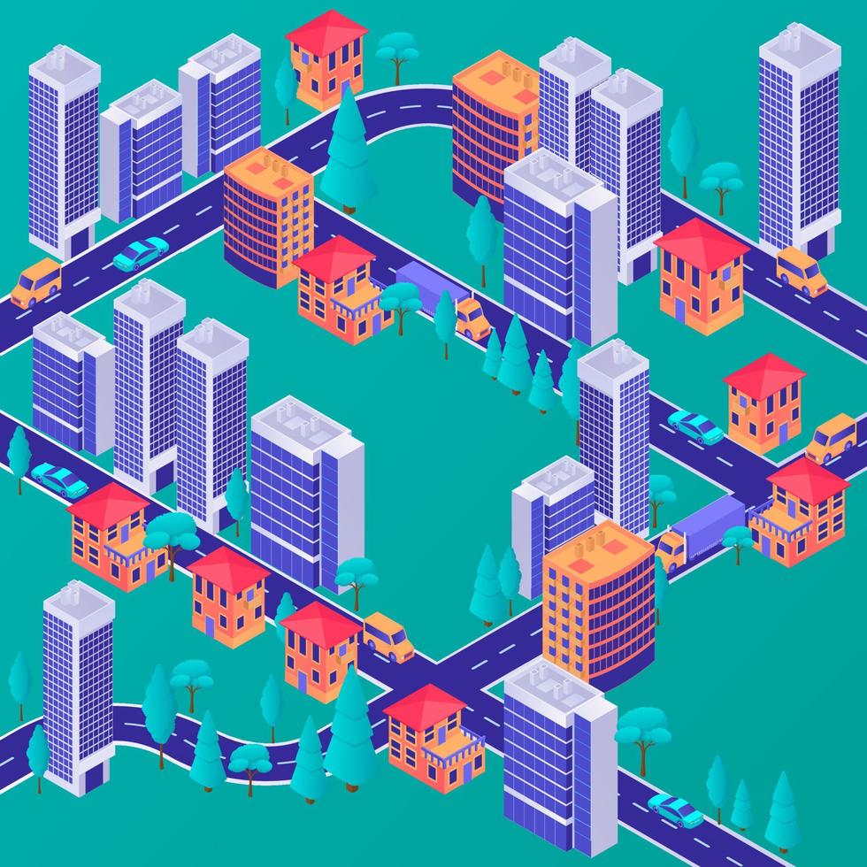 Isometric modern city concept. Stylish business centers with residential apartment building green park area highway. vector