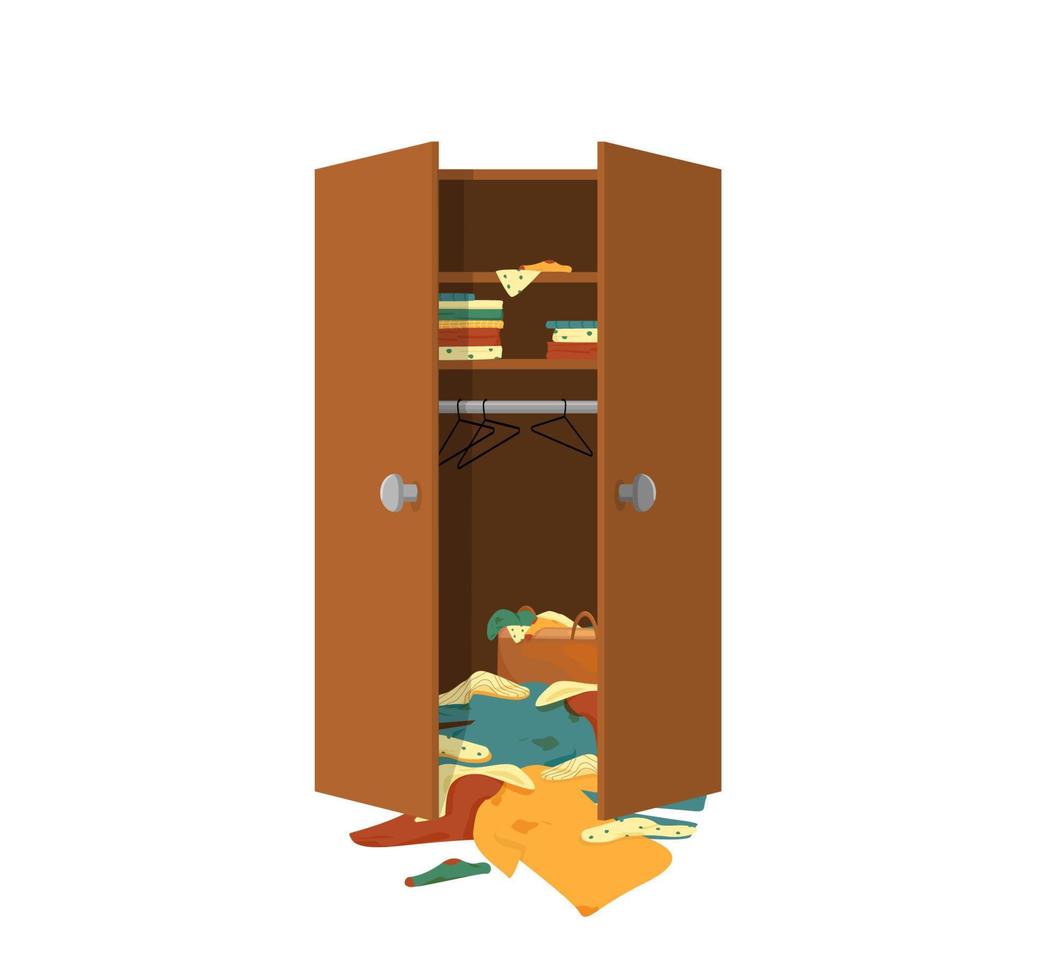 Open wardrobe with loose clothes illustration. Brown slate with bunch of dropped things scattered in hurry vector crossing.