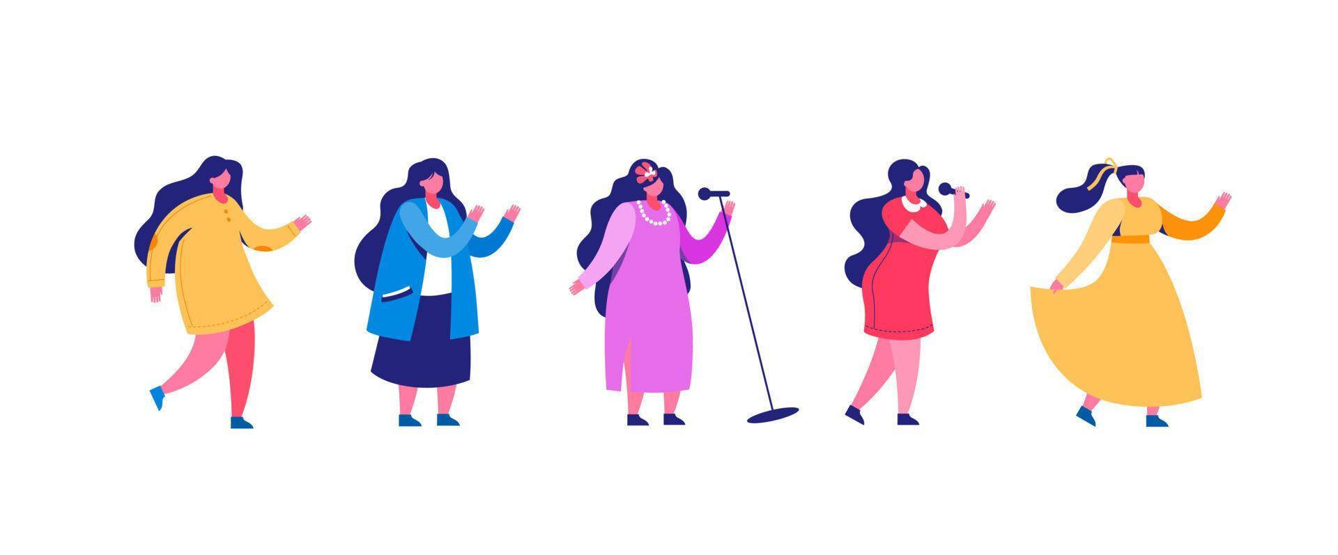 imágenes prediseñadas de mujeres elegantes cantando y bailando. hermosas cantantes vestidas de púrpura con micrófono interpretan canciones incendiarias y bailarinas de amarillo. vector