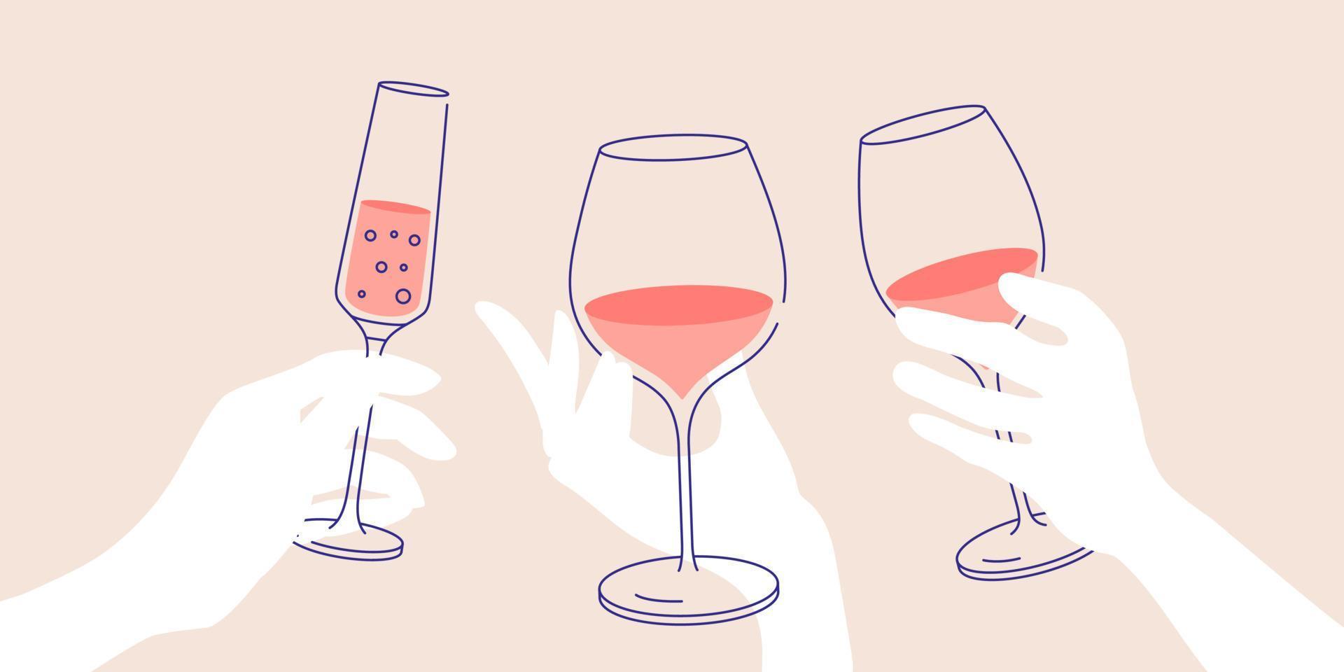 croquis, saludos. mano de mujer sosteniendo una copa de vino blanco, tinto y espumoso. ilustración plana para tarjetas de felicitación, postales, invitaciones, diseño de menú. plantilla de arte lineal vector