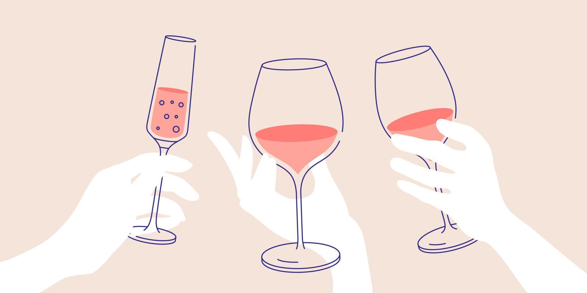 Outline drawing, cheers. Women s hand holding glass of white, red and sparkling wine. Flat illustration for greeting cards, postcards, invitations, menu design. Line art template vector