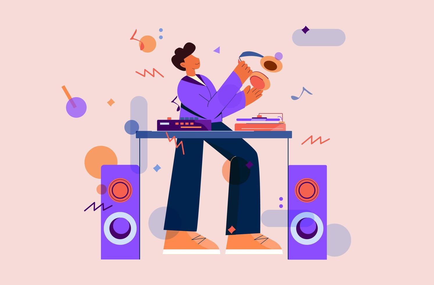 DJ make music illustration. Character with headphones and equipment tunes creates music tracks. vector