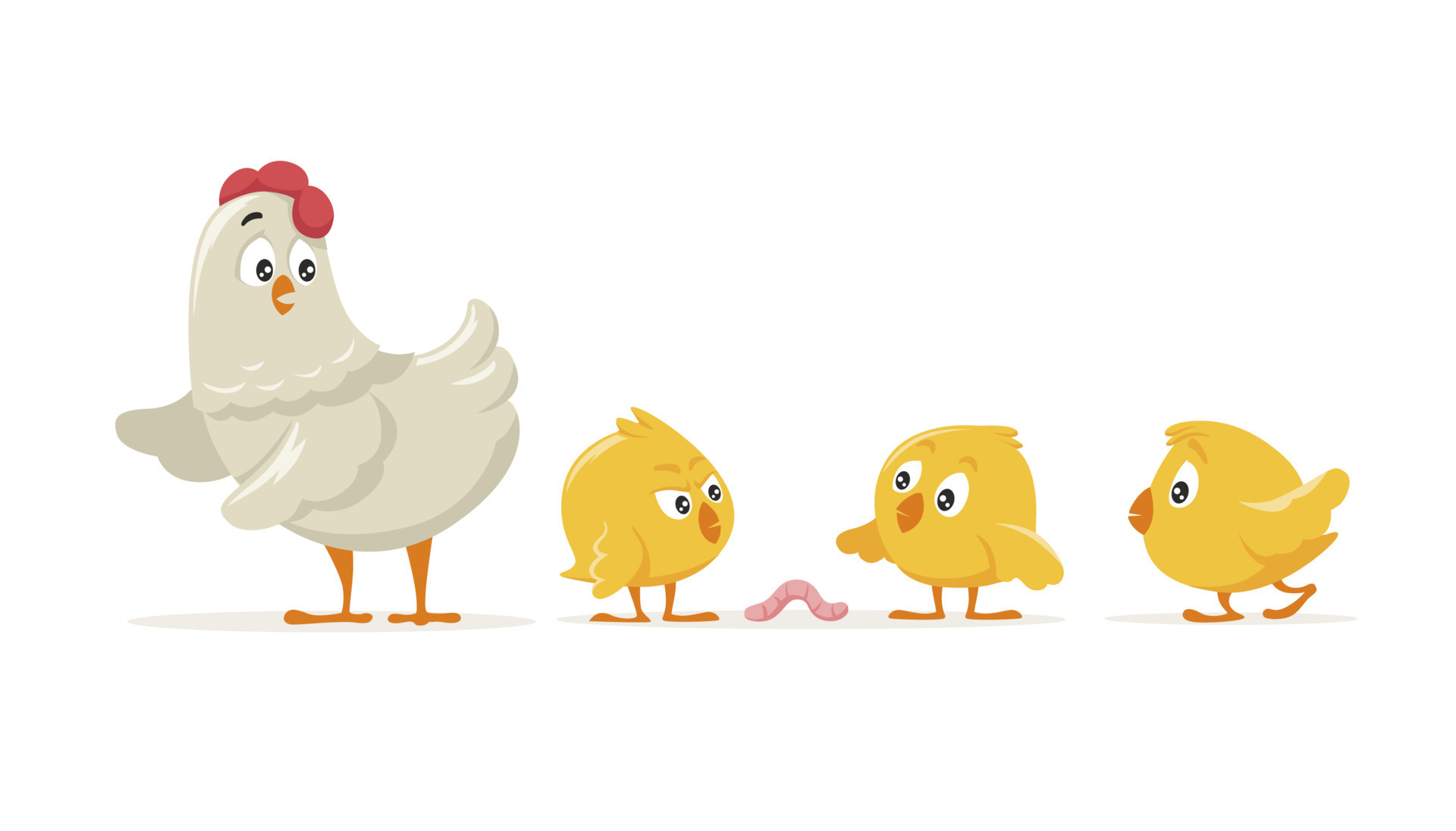 Cartoon mother hen and three yellow little chick isolated on white