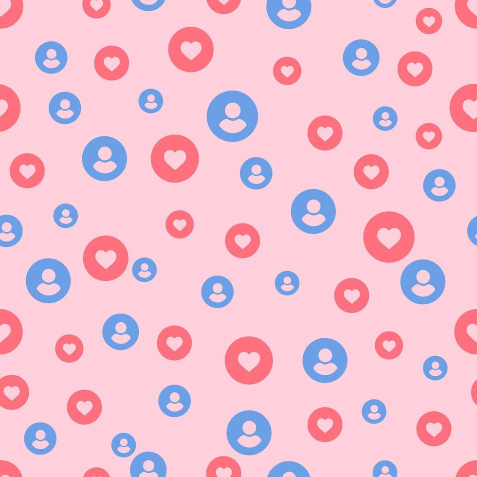 Likes for blogger seamless pattern. Red hearts and blue avatars on pink background social audience ad marketing content optimization viral vector blogging mobile network search.