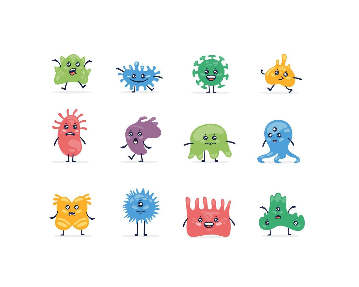 Set of various colored cartoon bacterial pathogen cute microbe isolated on white vector