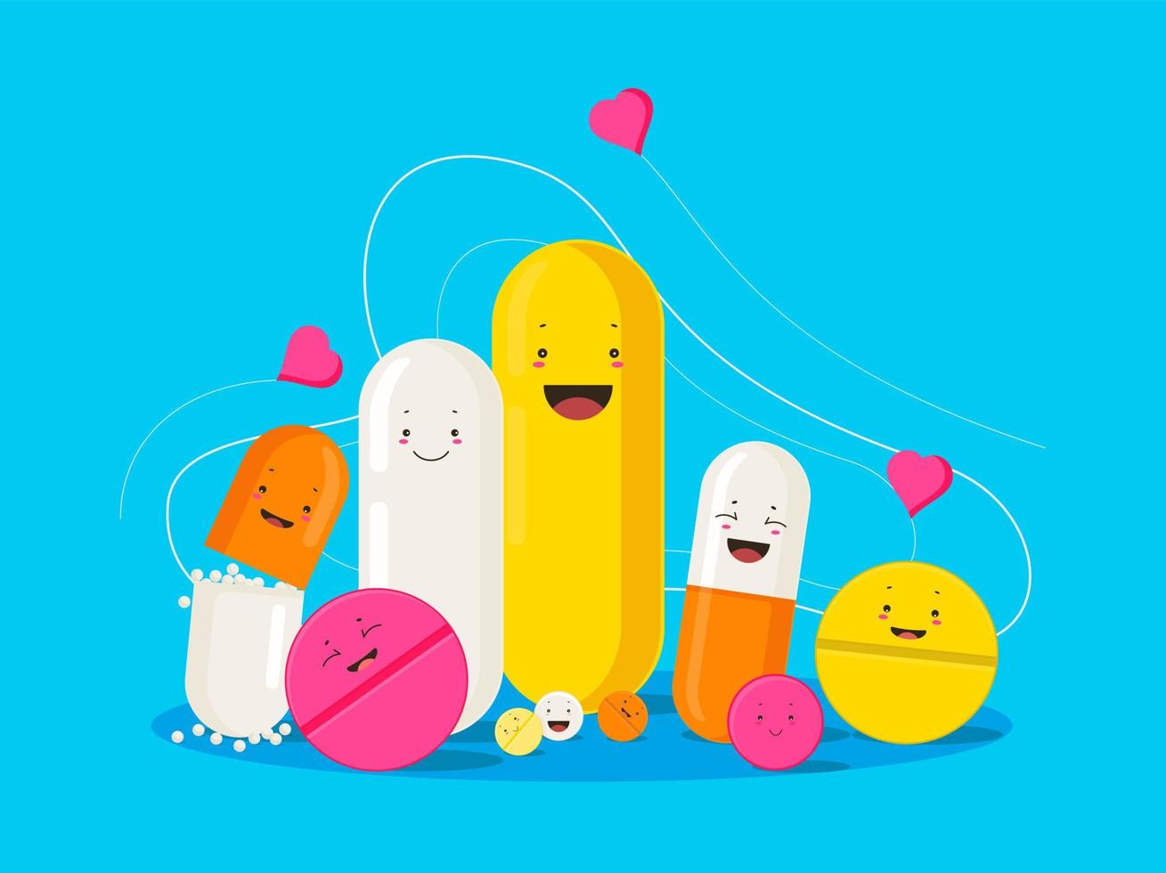 Funny healing pills. Smiling cartoon pills and capsules with hearts. vector
