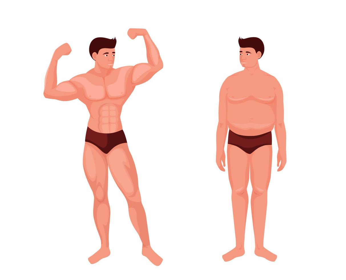 Athletic and fat man. Muscular athlete poses with pumped muscles and sad fat guy with saggy belly and flabby vector muscles