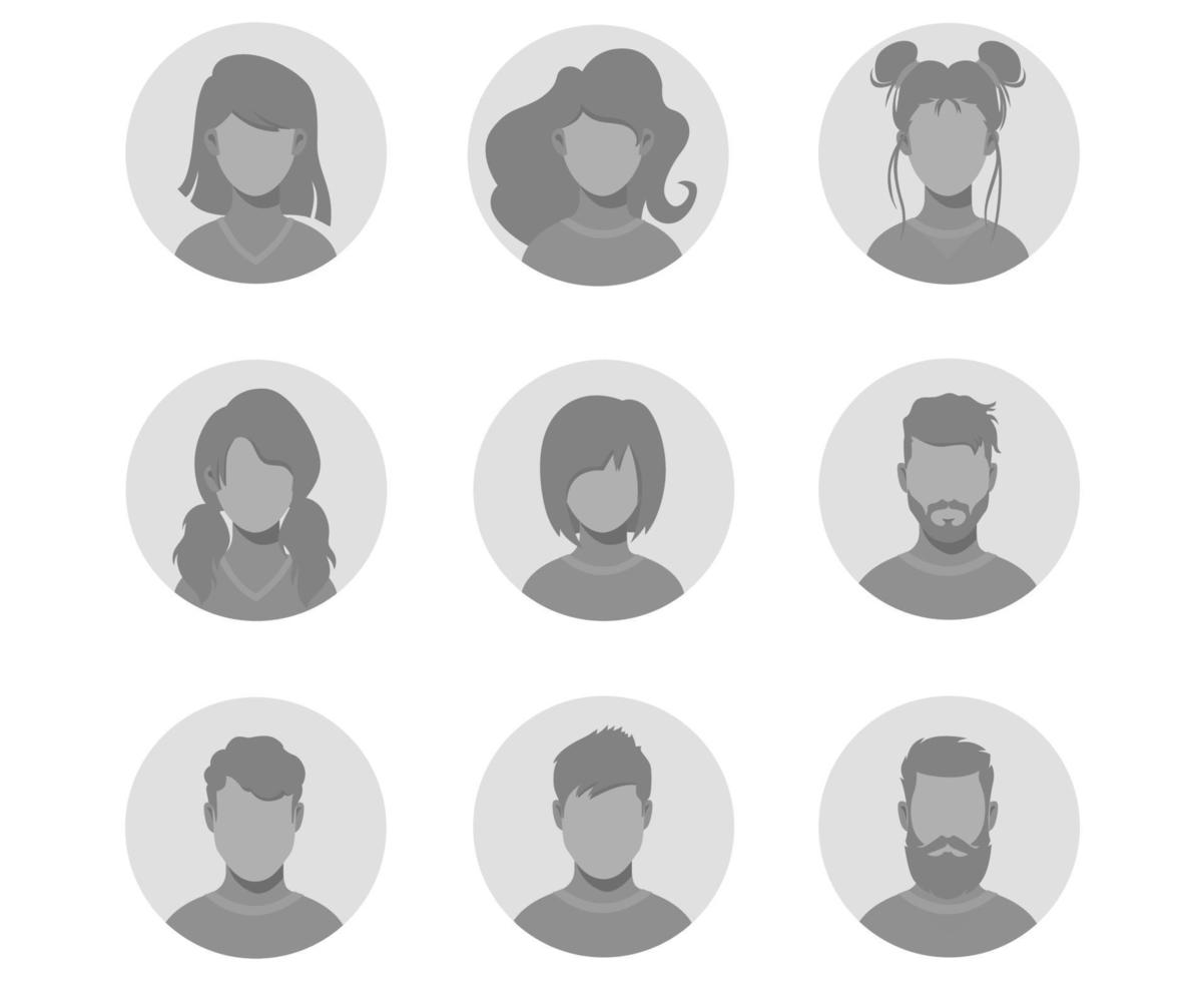 A collection of original avatars gray and illustrations of male and female heads. Modern graphic cartoon style with various hairstyles. With the ability to insert individuals. vector