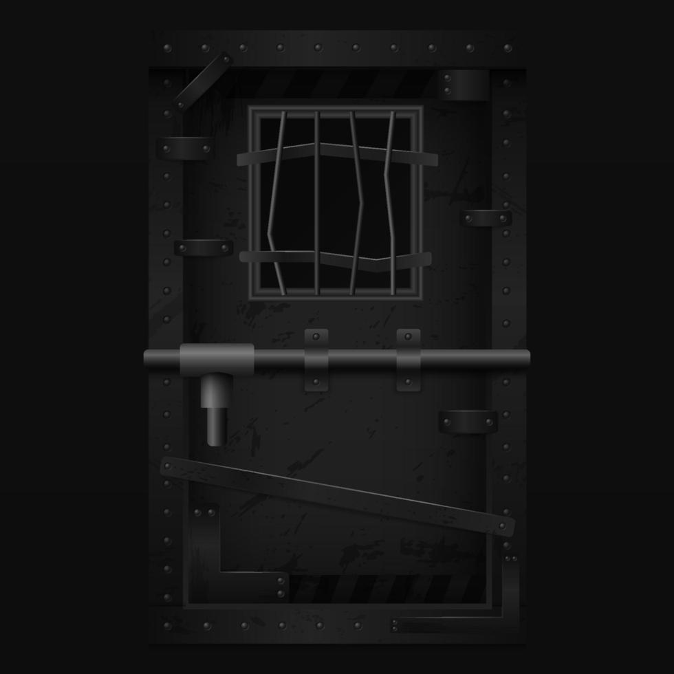 Dark scary door with bars. Black gate locked with powerful bolt vector
