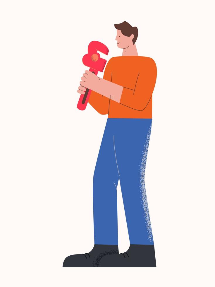 Male casual character smiling plumber carrying tool isolated on white. Professional friendly worker holding plumbing adjustable wrench vector flat illustration