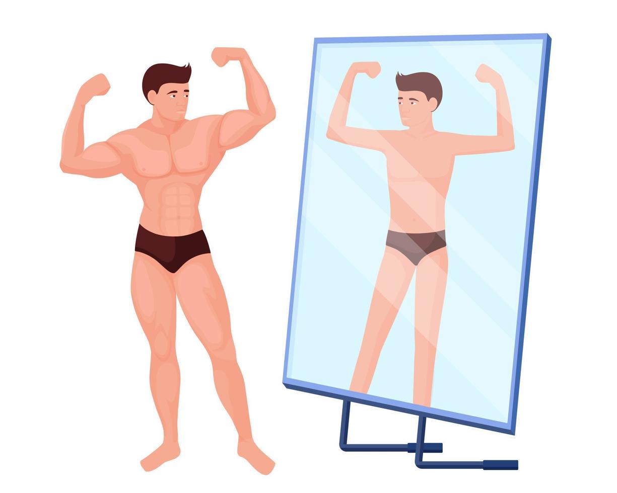 Reflection in mirror of a man no muscles. Male bodybuilder character with pumped up muscles. vector