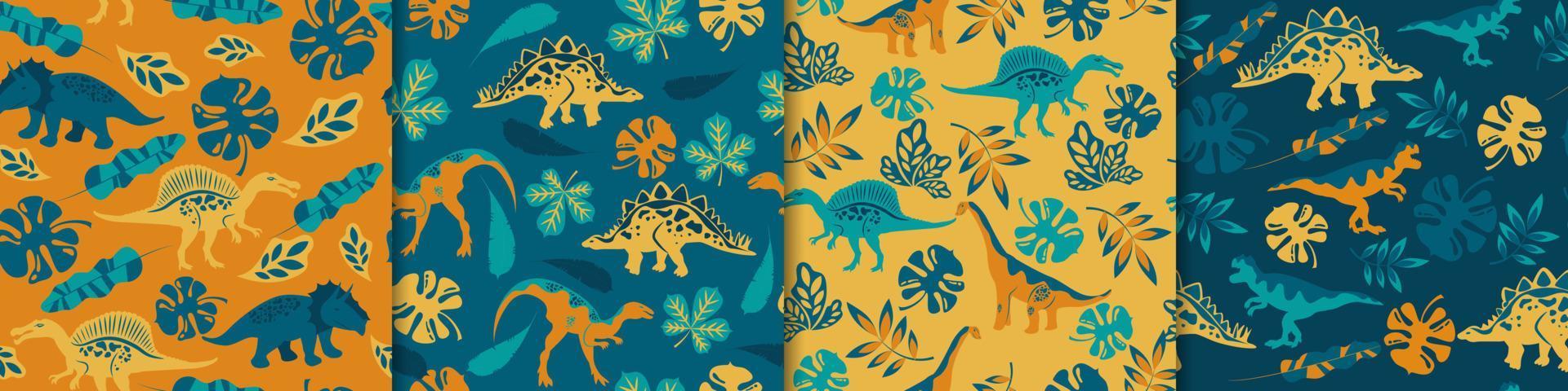 Dinosaurs seamless pattern. Ancient animals yellow on background of tropical green leaves. vector