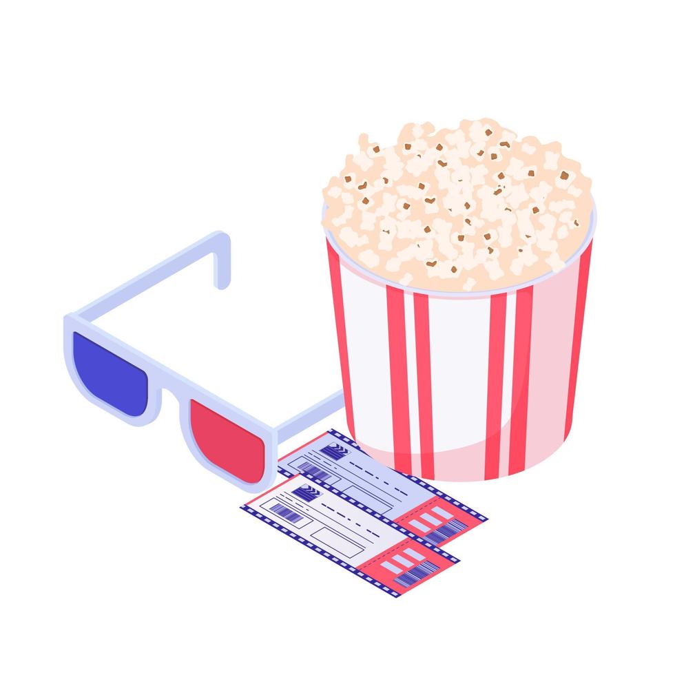 Cinema supplies isometric set. Modern cinema entertainment 3D glasses effect presence yellow salty popcorn two tickets. vector