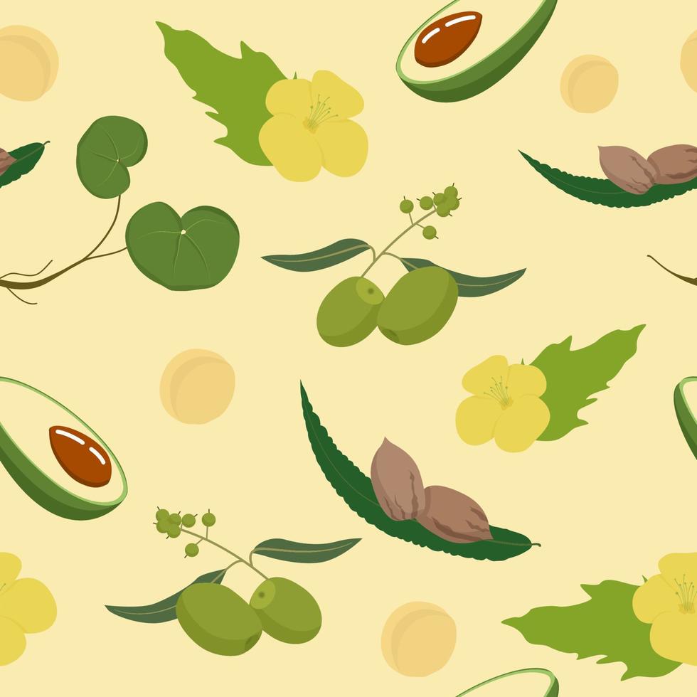 Natural vegan seamless pattern. Halves of green avocado with brown seed nuts on leaf olives on twig yellow flowers with round leaves eco background healthy lifestyle vector. vector