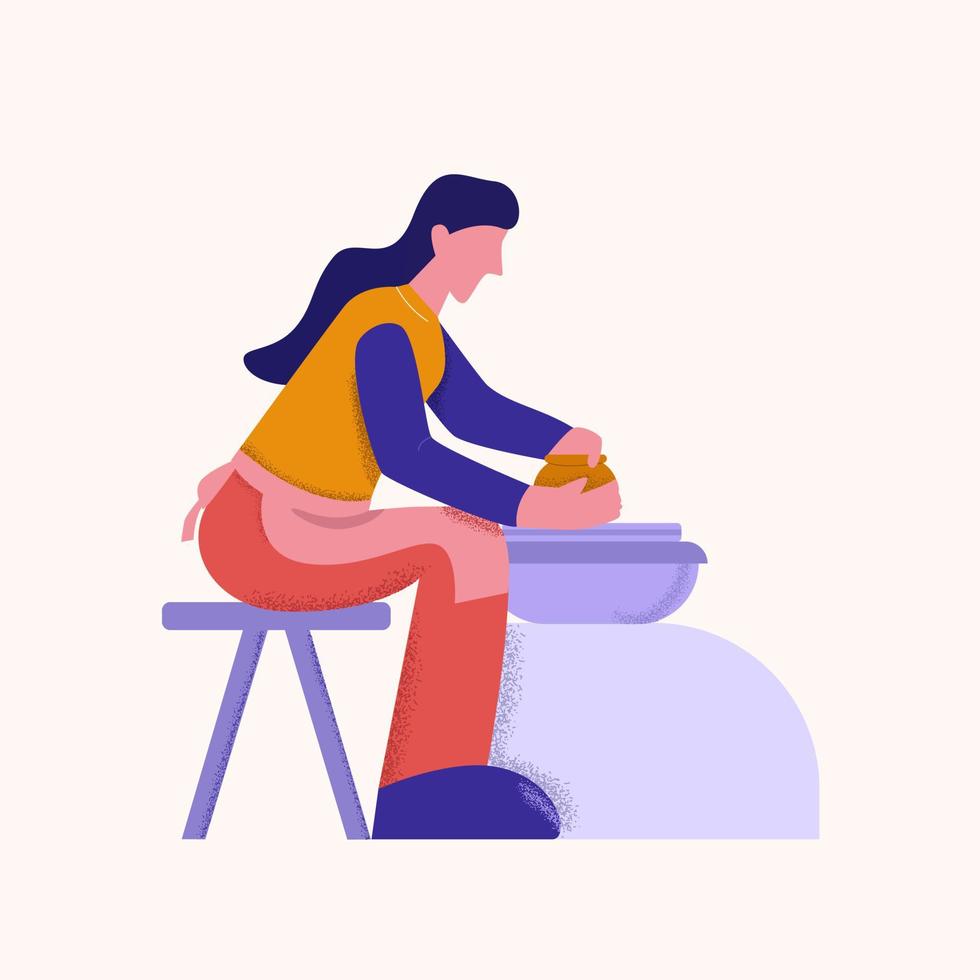 Female cartoon potter making pot of clay on potters wheel big limbs style side view vector