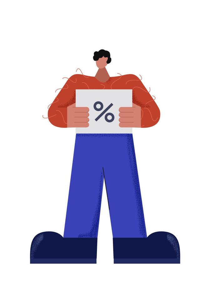 Casual male character holding discount ticket with percent sign vector flat illustration. Cartoon man posing with coupon for money saving during shopping isolated on white