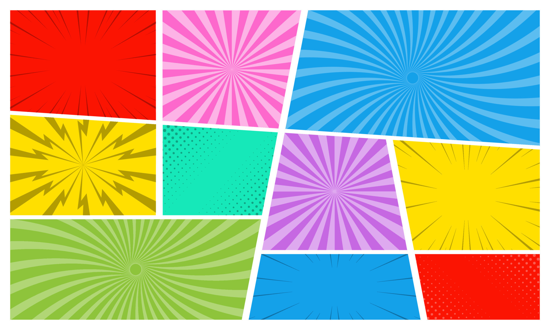 Comic page template with frames with radial and halftone effects Comic page template with frames with radial and halftone effects