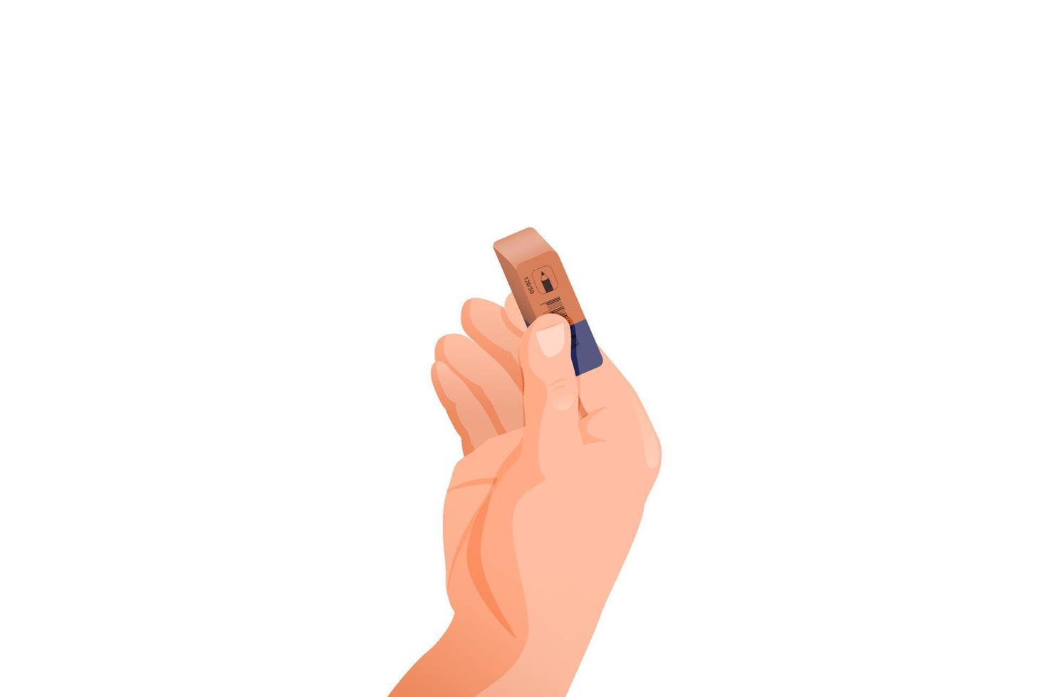 Hand holds an eraser. Erasing unnecessary information with blue red eraser cleaning up incorrect messages clearing sheet of past records art of correcting filled vector space.