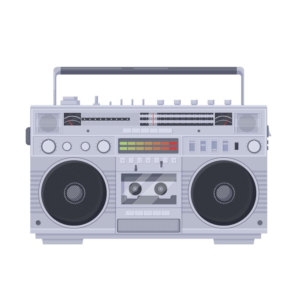 Retro boombox cassette. Old portable single cassette recorder sharpe with color vector equalizer built radio two speakers knob tuning bass sound recording playing music symbol of old school 80s.