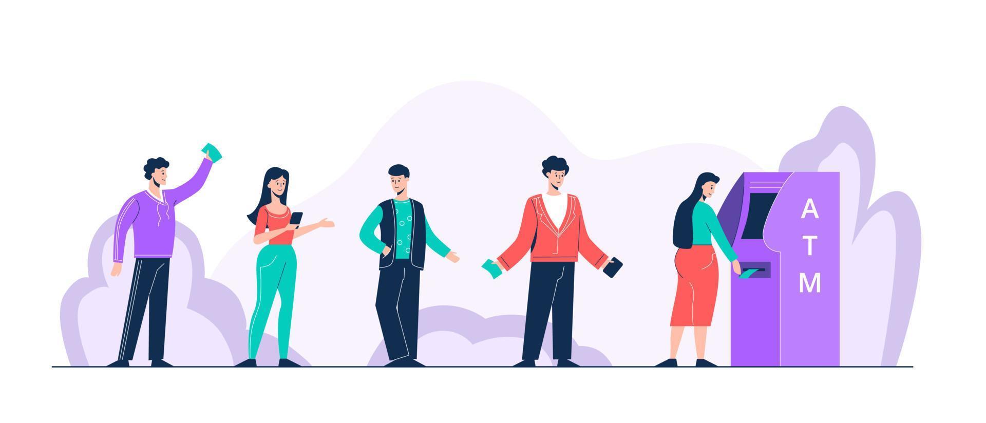 Cartoon positive people standing in queue to atm vector flat illustration