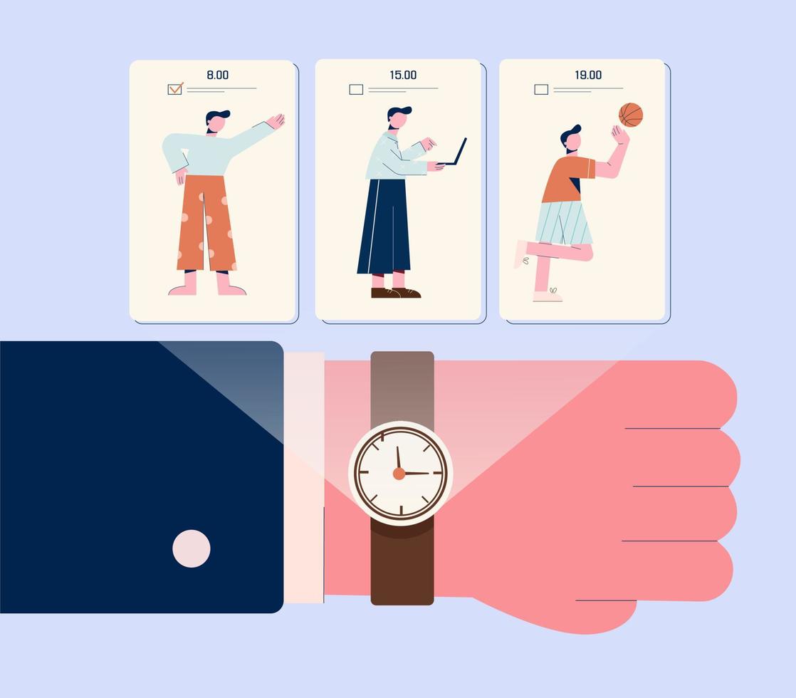 mano masculina de negocios de dibujos animados en ilustración plana de vector de reloj. concepto de planificación y programación del día