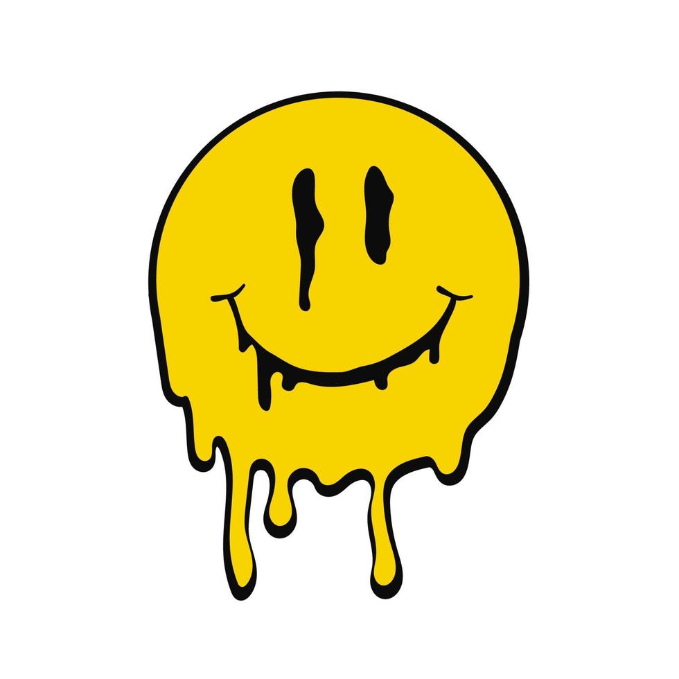 Melted smiling emotion. Positive yellow face spreading in drops vector