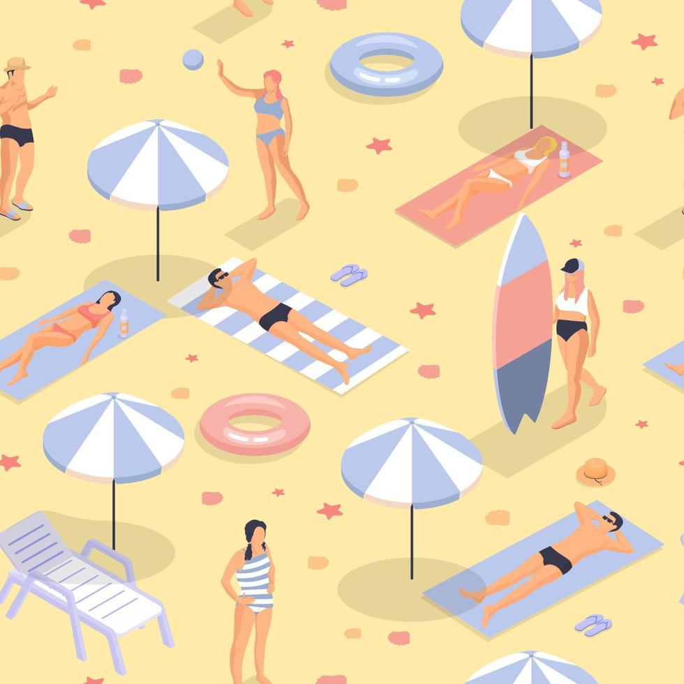la gente toma el sol y juega en la playa con un patrón isométrico sin fisuras. mujer en traje de baño gris a rayas camina con tabla de surf. vector