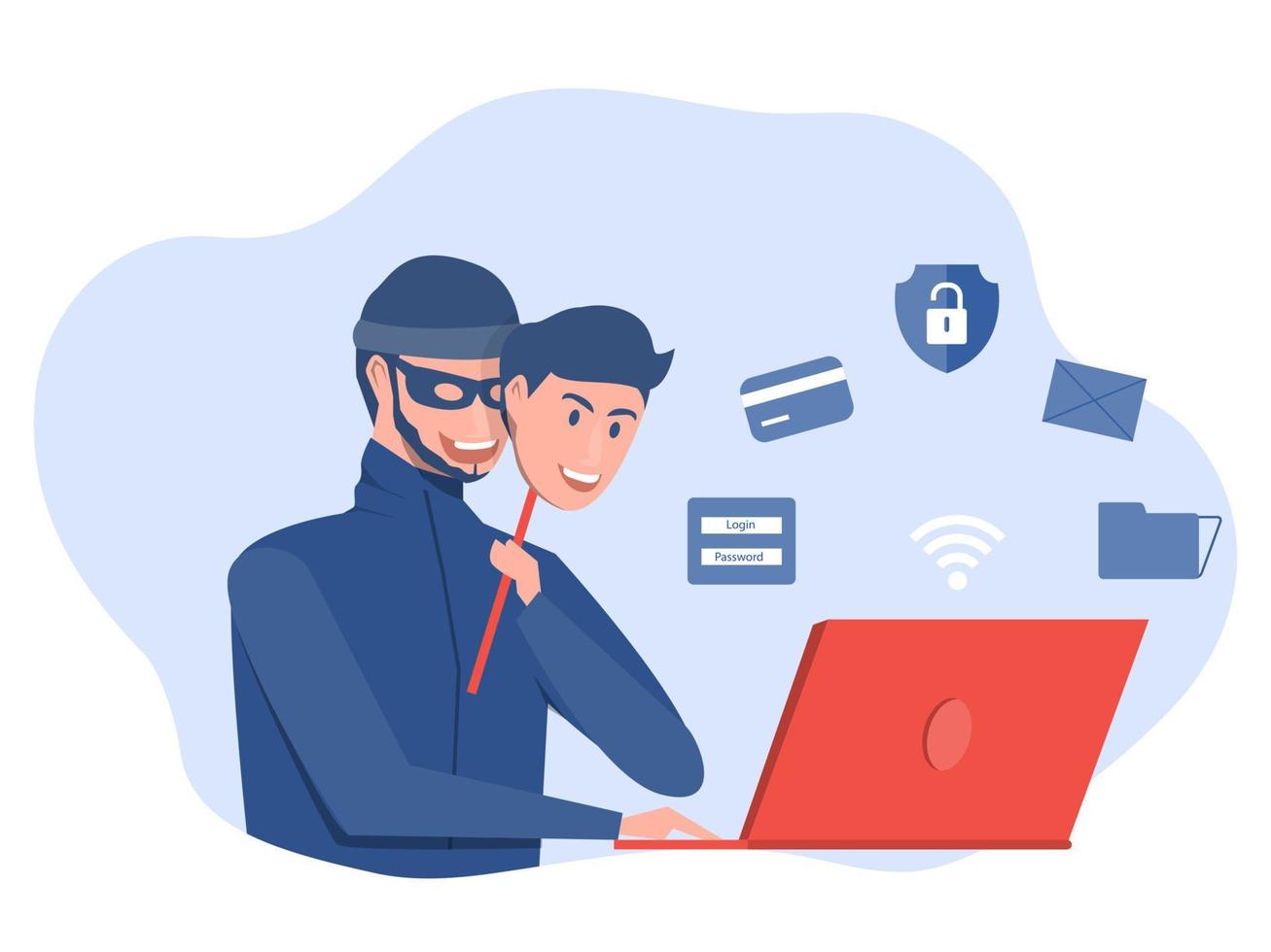 Criminal hacker holding friends mask for hacking on laptop screen stealing money ,cyber crime, theft of personal data, password, credit card flat vector illustration.