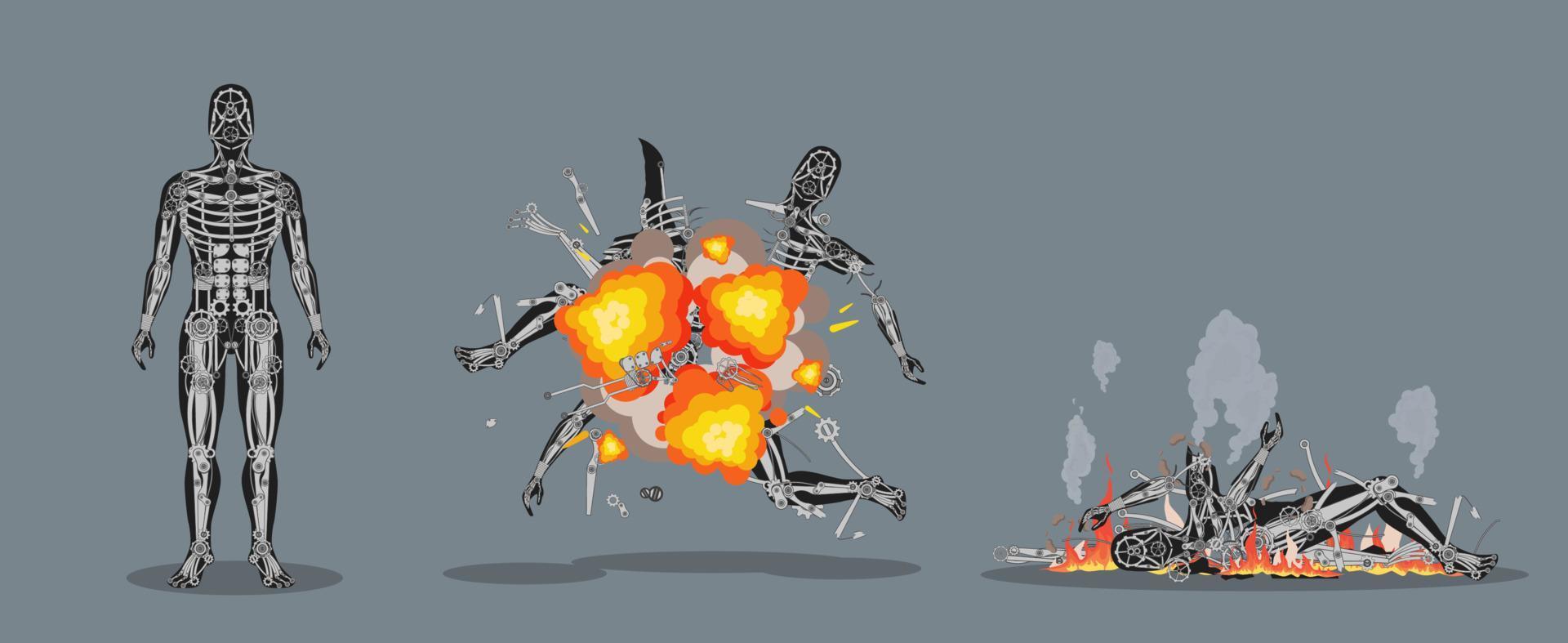 Exploding and burning cyborg clipart. Humanoid robot mechanical body parts self destructs with bright red flash and shattered metal remnants burn in vector plasma.