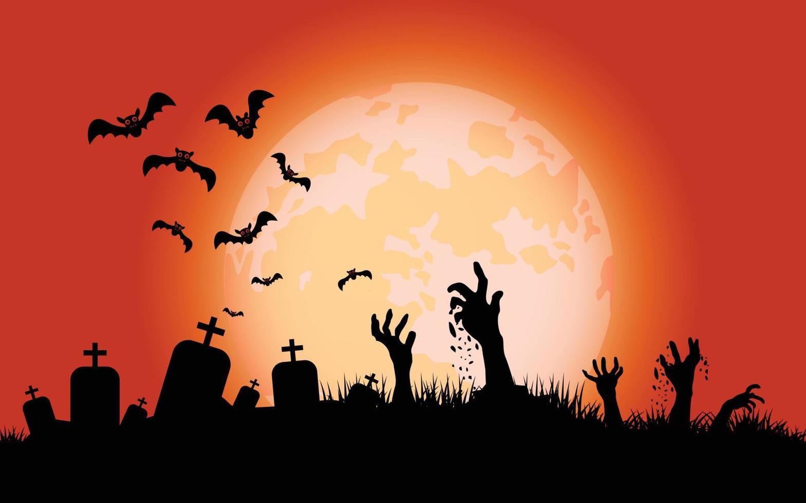 feliz halloween, manos y murciélagos zombies, letras navideñas para banner, ilustración vectorial. vector