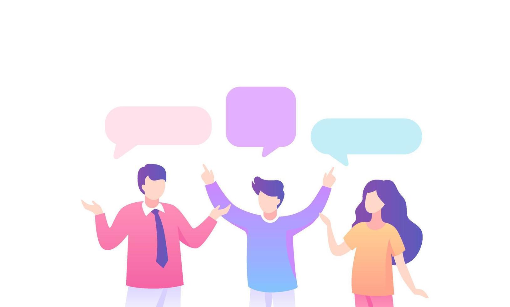 Teenagers discussing party speech bubble. Two boys and teenage girl happily talk about past party overhead speech bubble joy vector adventures fond memories.