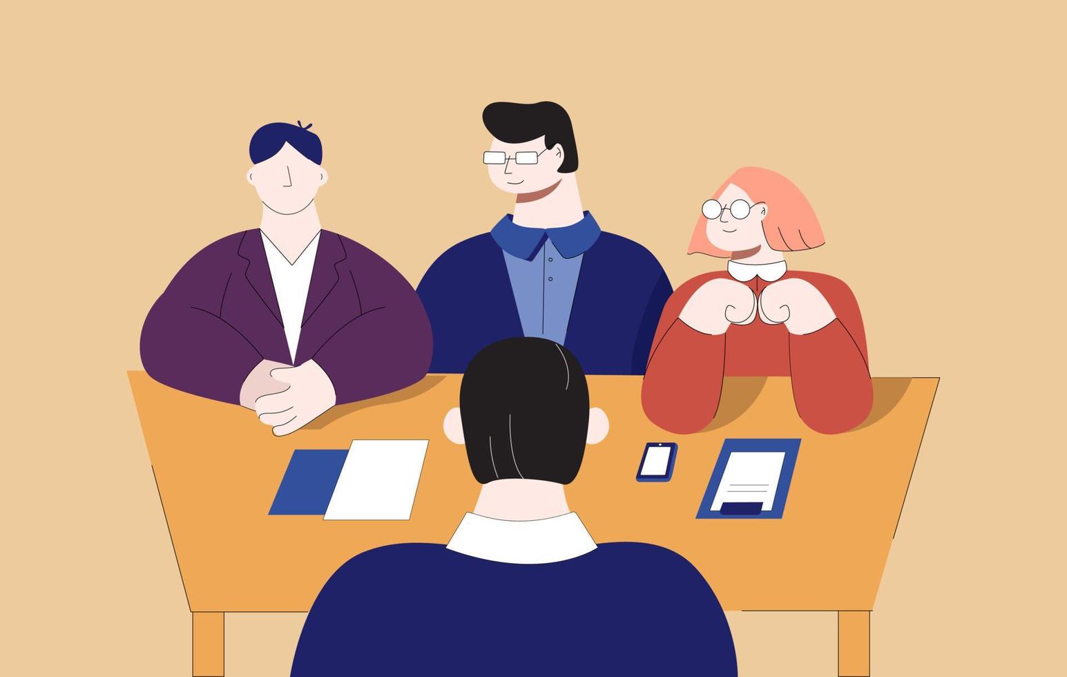 Team professional man and woman interviewing cartoon male job search vector flat illustration