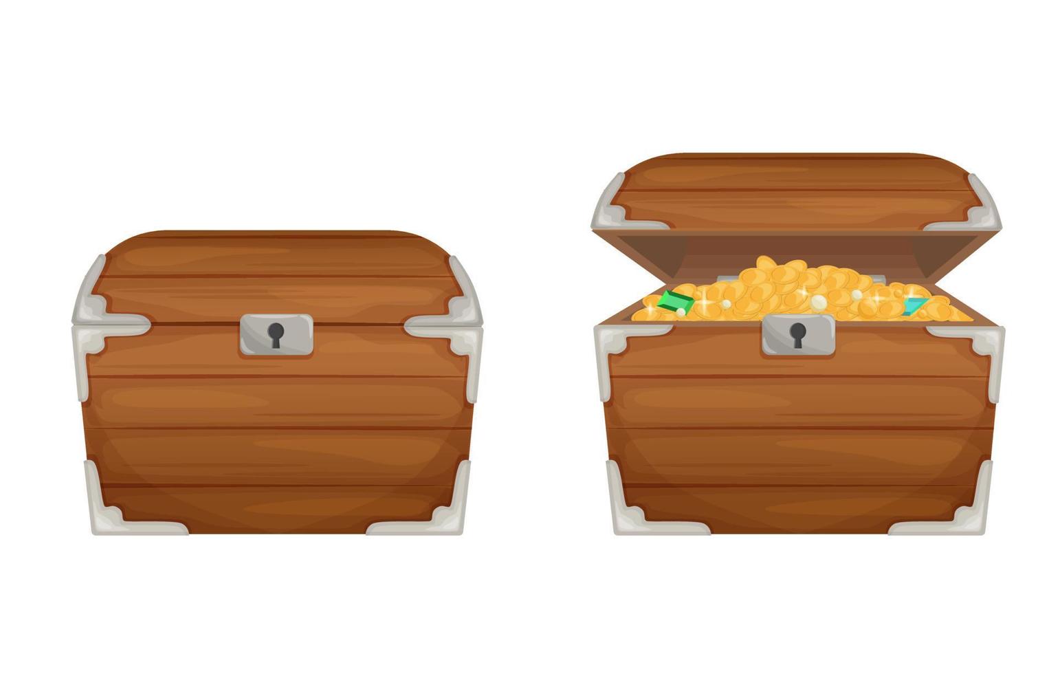 Two magic cartoon wooden open and closed chest vector flat illustration. Fairy coffers or treasure box with heap of bright golden coins front view isolated on white background
