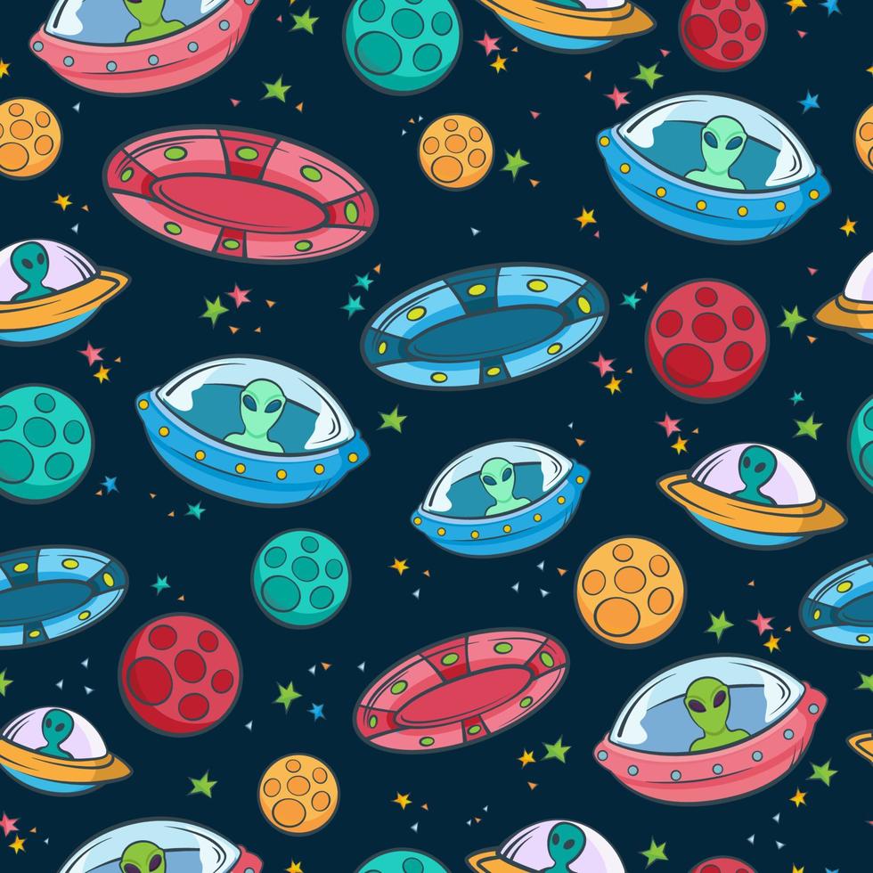 UFO pattern seamless. Space colored ships with green aliens mysterious stars with planets armada of alien travelers in starships flies vector space.