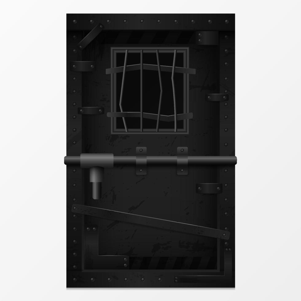 Old scary door with bars. Black gate locked with powerful bolt vector