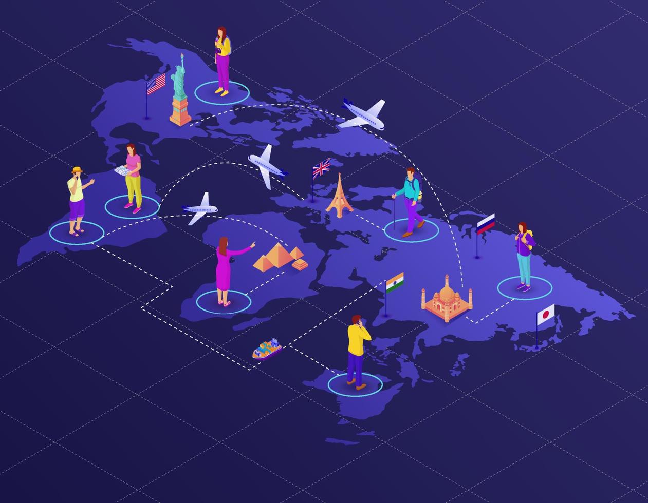 World map with routes and tourists isometric illustration. Travel to global adventure landmarks plane. vector