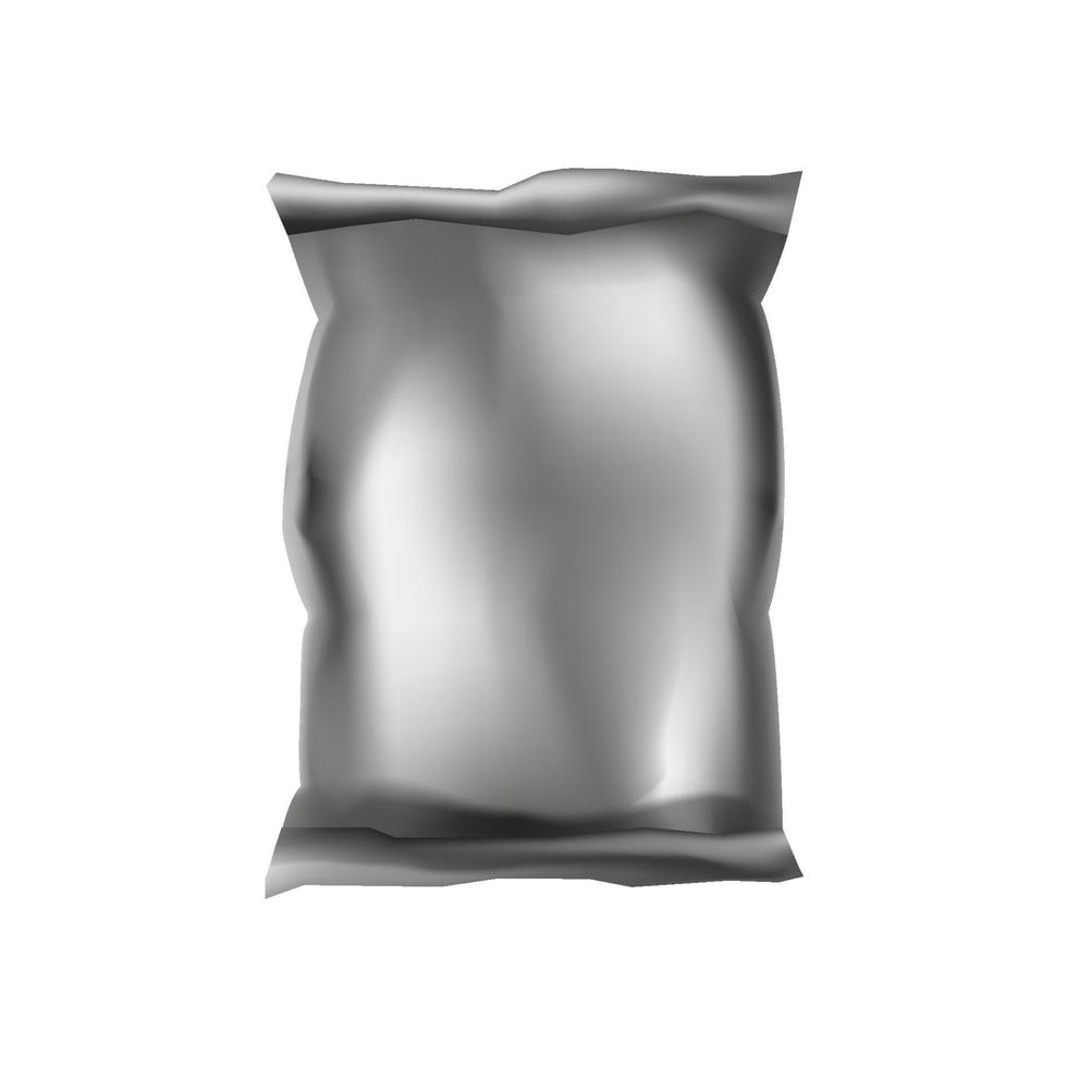 Silver sealed package template. Bag protection for packing things and groceries plastic realistic packet wrapped in vector cellophane