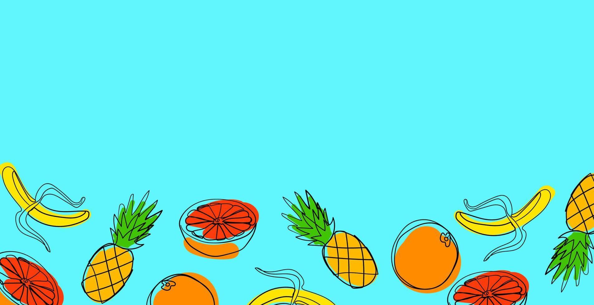 Fondo dibujado a mano de frutas tropicales. pomelo ecológico texturado rojo con piña madura amarilla y plátano. vector