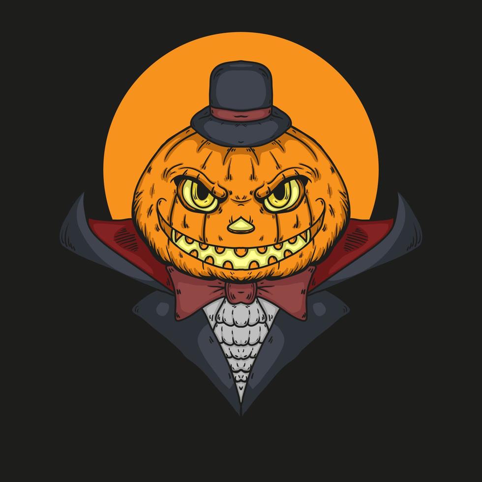 ilustración de vector de cabeza de calabaza de vampiro de halloween