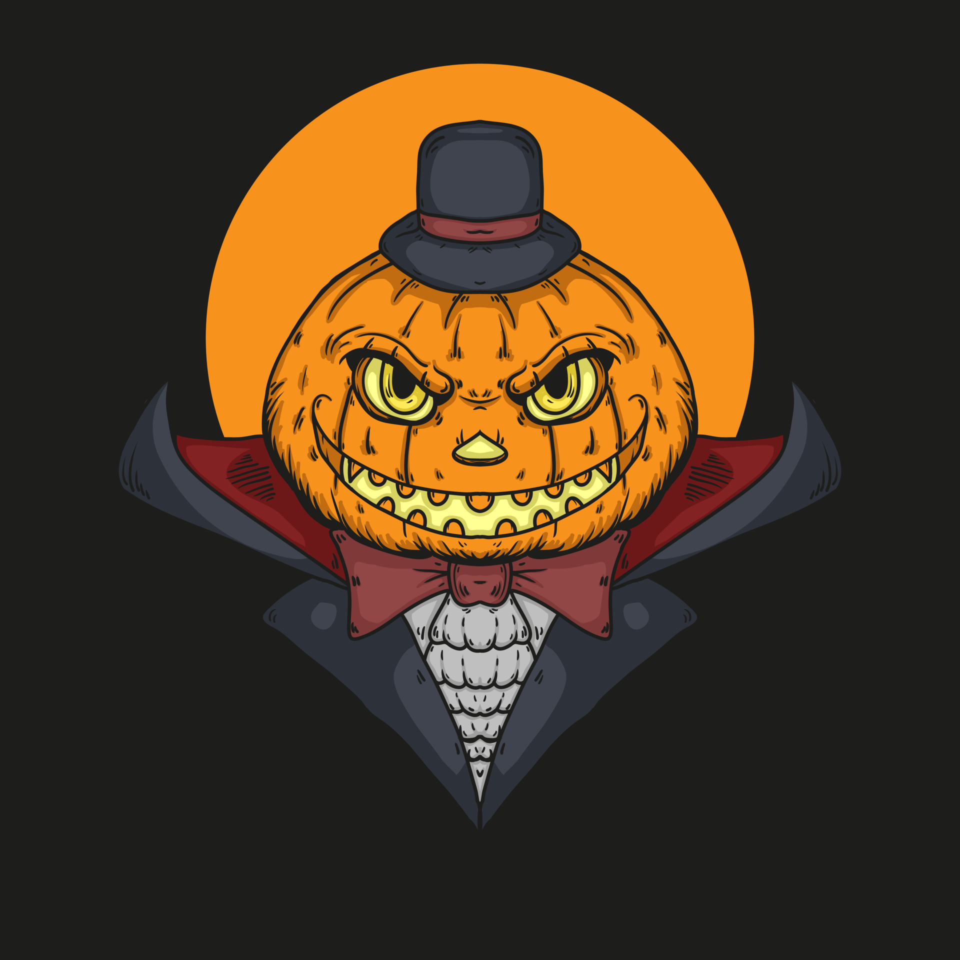 A sinister monster with a pumpkin head stands with two shiny axes in his  hands against