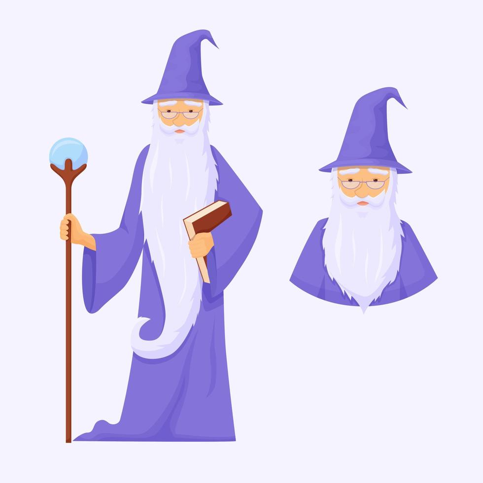 Powerful war mage avatar. Wizard is connoisseur of arcane magic with long gray beard. vector