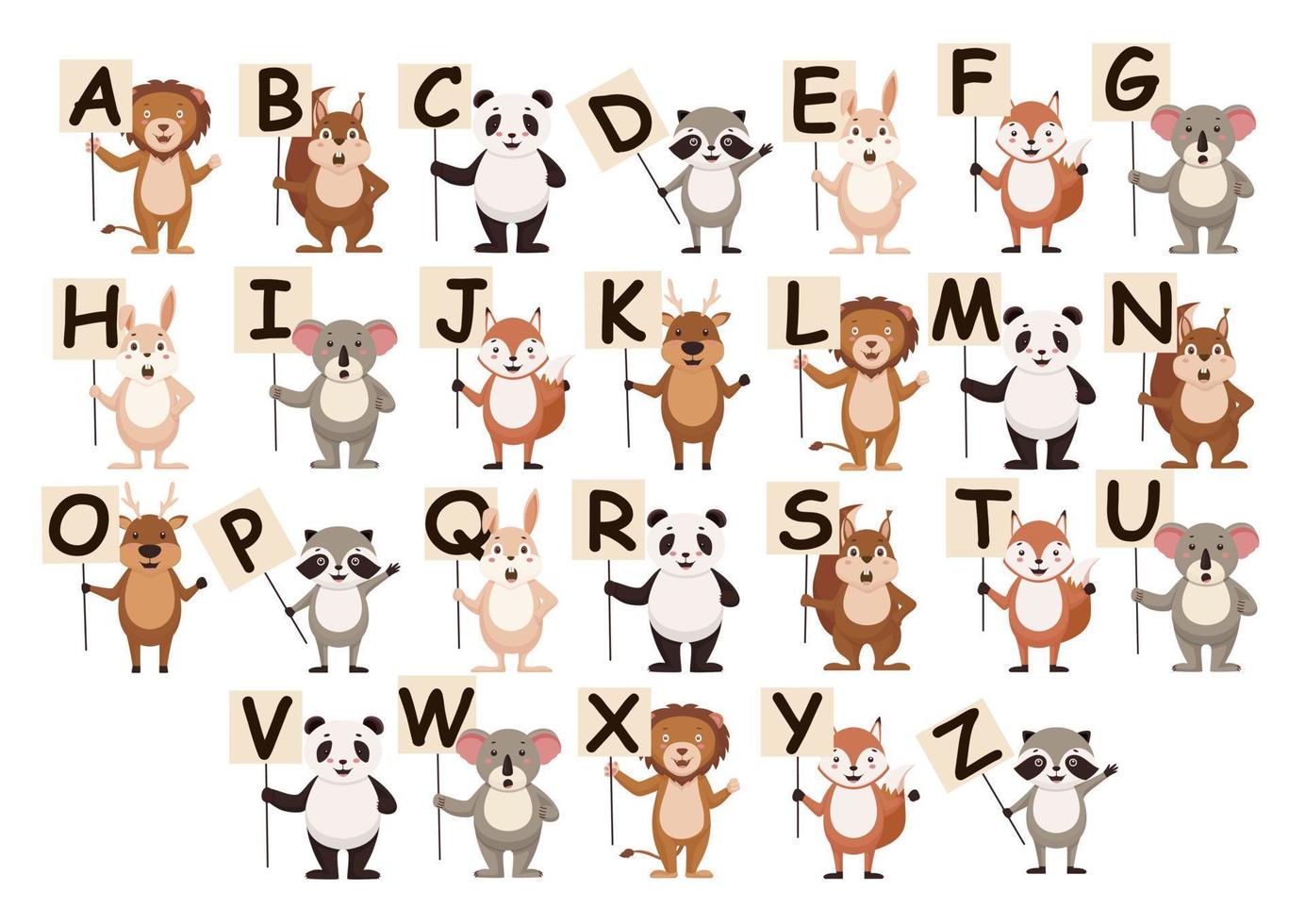 animales de dibujos animados con banner de letras del alfabeto. león de plantilla con afiche saluda a ardilla asombrada con fuente de entrenamiento. vector
